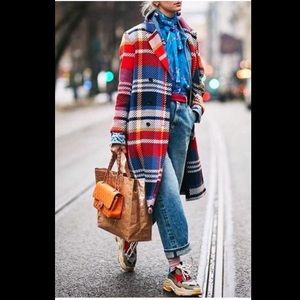 Woolen Plaid Colorful Long Coat. Size M.